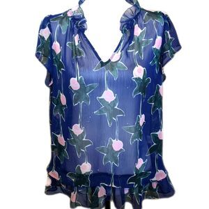 Elle sheer blue blouse, pink & green floral, v-neck with ruffles, M